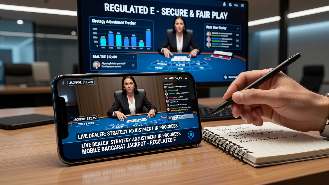 Mobile screen displaying baccarat table with live dealer and jackpot meter overlay during active play